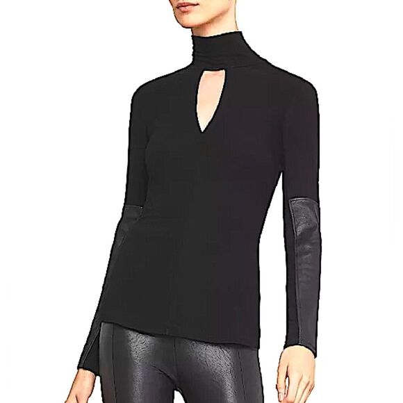 BCBGMAXAZRIA Black Faux-Leather-Trim Long Sleeve Keyhole Turtleneck Top Medium - Picture 1 of 8
